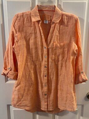 Sigrid Olsen Women's Coastal Orange Linen Roll Tab Sleeves Button-Up Shirt ~ S